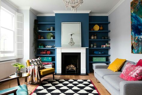 George Clarke Old House New Home - Brixton Contemporary Shutters, Fireplace Alcove, Alcove Shelves, Decorative Shutters, Alcove Shelving, George Clarke, Chimney Breast, Channel 4, Room Color