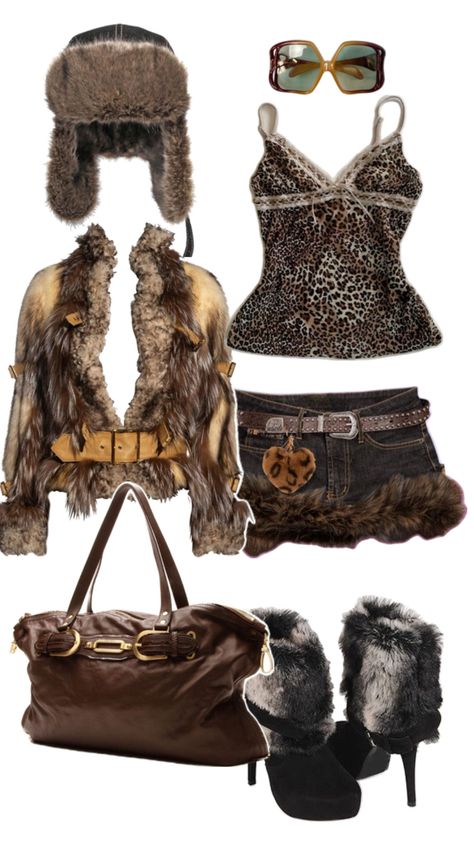 Trashy Y2k mac bling Leo print fur outfit Old Money Goth, Brown Belt Outfit, Rockstar Gf Style, Fur Hat Outfit, Fur Boots Black, Fur Boots Outfit, Fur Mini Skirt, Street Fashion Aesthetic, Leather Boots Outfit