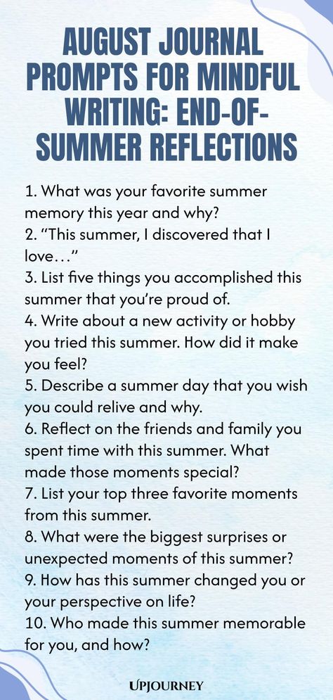 120+ August Journal Prompts for Mindful Writing August Journal Ideas Writing Prompts, End Of Summer Journal Prompts, Summer Journal Prompts, August Journal Prompts, August Writing, August Journal, Summer Notebook, Work Etiquette, Psychology Terms