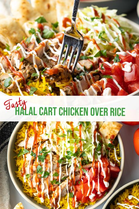 How to Make the Best Halal Cart-Style Chicken Recipe (+ VIDEO) - This Middle Eastern street food favorite layers zesty grilled chicken with tangy yogurt sauce and fresh chopped veggies over fluffy yellow rice. It's great to make ahead and meal prep, and perfect to customized to your tastes! Serve Halal Chicken Over Rice for lunch or dinner in a bowl for a convenient and satisfying one-bowl meal. | A Spicy Perspective Halal Chicken Bowl, Halal Cart Rice, Middle Eastern Chicken And Rice Bowl, Halal Street Cart Chicken, Halal Lamb And Chicken Over Rice, Chicken Gyro Rice Bowl, Chicken Over Rice Halal, Halal Chicken And Rice White Sauce, Halal Cart Chicken And Rice