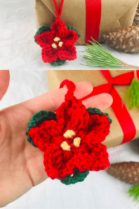 This crochet poinsettia ornament is the perfect way to add a floral touch to your holiday decor. #Crochet #DIY #HomeDecor Crochet Small Poinsettia Free Pattern, Free Crochet Poinsettia Flower Pattern, Crochet Poinsettia Ornament, Poinsettia Crochet Pattern, Crochet Ponsietta Flower, Poinsettia Crochet Pattern Free, Poinsettia Crochet, Crochet Mistletoe, Crochet Poinsettia Free Pattern