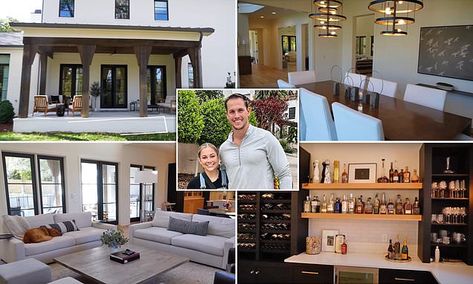 Gold medal winning gymnast Shawn Johnson and ex NFL star Andrew East show off their ENORMOUS house | Daily Mail Online Wine And Coffee Bar, Johnson House, Wooden Beams Ceiling, Shawn Johnson, Apartment Tour, Comfy Couch, Cabinet Space, Stunning Kitchens, Baby Proofing