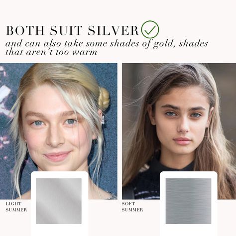 Light Summer VS Soft Summer as requested by you 🤍 . #coloranalysis #colouranalysis #softsummer #lightsummmer #coloranalyst #hunterschafer #taylorhill Light Summer Celebrities, Soft Summer Jewelry, Spring Colour Analysis, Light Summer Hair, Soft Summer Celebrities, Summer Undertone, Soft Summer Hair Color, Light Summer Style, Summer Pallet