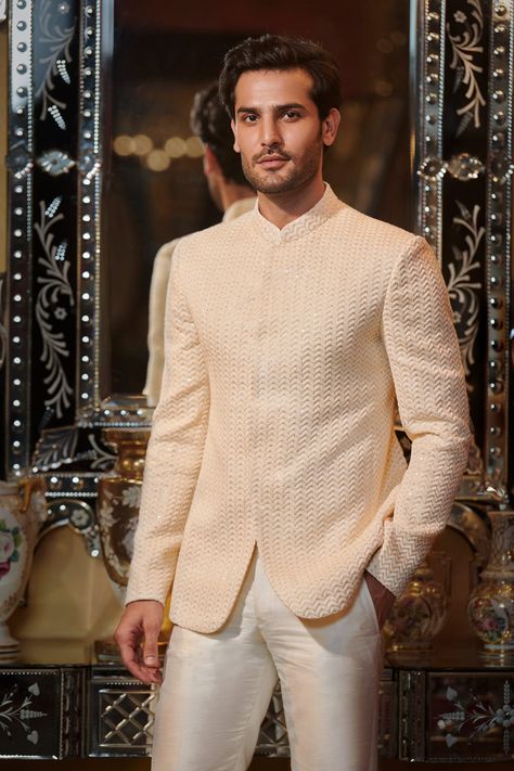 Shop for these amazing collections of White Georgette And Raw Silk Embroidery Thread & Bandhgala & Pant Set For Men by Sawan Gandhi online at Aza Fashions. Sawan Gandhi, Raw Silk Embroidery, Indian Wedding Clothes For Men, Wedding Kurta For Men, Rush Outfits, Wedding Outfit Men, Wedding Suits Men, Silk Pants, Silk Embroidery