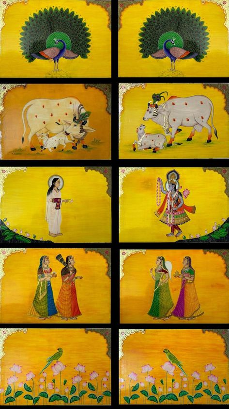 Buy Handpainted Pichwai Art Set: Vintage Wooden Panels for Furniture, Vintage Doors, Décor & More Online in India - Etsy Pichwai Peacock, Pichwai Elephant, Pichwai Elements, Pichwai Paintings Cows, Pichwai Art Paintings, Yamuna Ji, Sacred Cow, Art Mini Toile, Pichwai Art