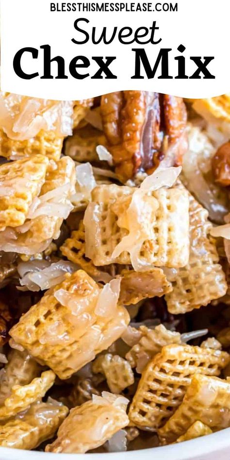 Chex Mix With Coconut, Chex Mix With Corn Syrup, Coconut Chex Mix Recipes, Chex Recipes Christmas, Breakfast Chex Mix Recipes, Chex Cereal Desserts, Chex Sweet Recipes, Chex Mix With Karo Syrup, Wheat Chex Recipes Snacks