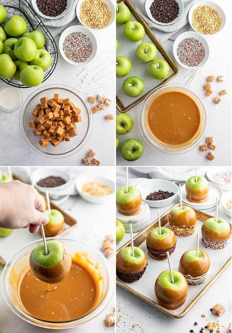 These easy caramel apples are such a classic fall treat. This recipe is semi-homemade using store bought soft caramels, melted and coated around a tangy apple. These caramel apples are perfect for a party, wrapping up as gifts, or just enjoy as sweet treat. Carmel Apple Recipe, Easy Caramel Apples, Caramel Apple Recipe Easy, Candy Apples Caramel, Carmel Recipe, Fall Caramel Apples, Soft Caramels, Diy Caramel, Gourmet Candy Apples