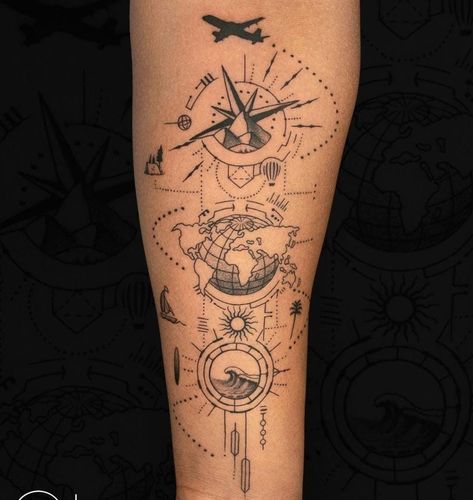 Travel Theme Tattoo, Camera Tattoo Ideas, Line Art Travel, Aviation Tattoo, Shen Long Tattoo, Camera Tattoo Design, Sagittarius Tattoo Designs, Alas Tattoo, World Map Tattoos