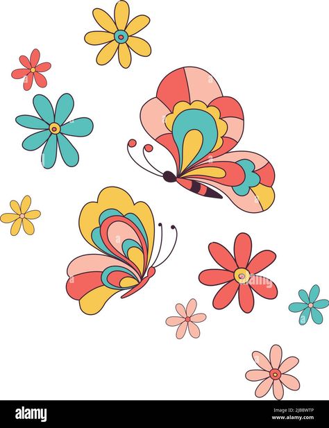 Butterfly among flower Retro 70s 60s Groovy Hippie Flower Power vibes vector illustration isolated on white. Summer retro colours butterflies print for T-shirt Stock Vector Image & Art - Alamy Retro Colours, Flower Retro, Summer Retro, Hippie Flowers, Retro 70s, Retro Color, White Summer, Butterfly Print, Flower Power