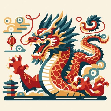 Premium Vector | A flat design illustration of chinese mystical creature like dragon Dragon Illustration Design, Chinese Graphic Design, Chinese Dragon Illustration, Mystical Illustration, Mythology Illustration, Chinese Dragon Drawing, Fire Illustration, Dragon Vector, Chinese Water Dragon