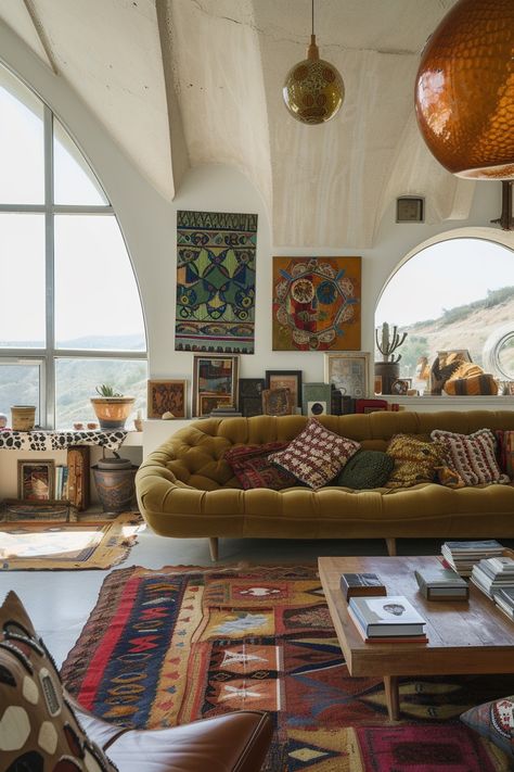 Desert Aesthetic Living Room, Retro Eclectic Decor, Apartment Ideas Bloxburg, 70s Inspired Living Room, Maximalist Decor Eclectic, Cloffice Ideas, Modern Maximalist Decor, 70s Living Room, Colorful Maximalist