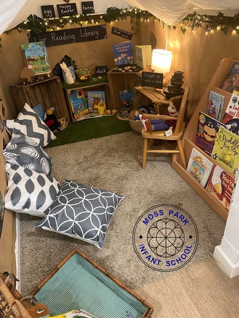 Cosy Reading Area, Book Corner Ideas Classroom, Book Areas Eyfs, Eyfs Story Corner, Classroom Book Corner Ideas, Classroom Cosy Corner, Book Area Classroom, School Book Corner Ideas, Story Corner Ideas