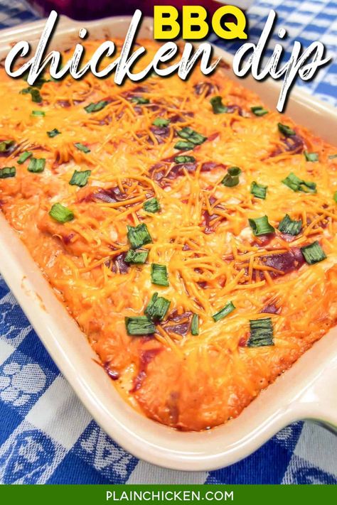 BBQ Chicken Dip - super easy make-ahead dip for a party! Chicken, cream cheese, bbq sauce, ranch dressing, cheddar cheese, and green onions - I could eat this dip as a meal! It is SOOOO good! Great dip recipe for parties. Everyone always wants the recipe. #bbq #chicken #dip #lowcarb #glutenfree #gameday Dips With Rotisserie Chicken, Bbq Chicken Dip Cream Cheese, Tailgate Chicken Recipes, Ranch Bbq Sauce, Bbq Chicken Appetizer, Recipes For Bbq Party, Canned Chicken Dip Recipes, Barbecue Chicken Dip, Bbq Chicken Dip Recipe