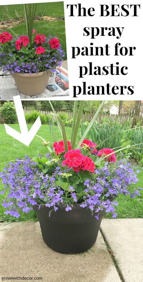 Spray Paint Flower Pots Outdoor Planters, How To Paint Plastic Planters, How To Paint Plastic Flower Pots, Spray Paint Plastic Planters, Plant Pot Makeover, Painting Planters, Paint For Plastic, Painting Flower Pots, Pot Makeover