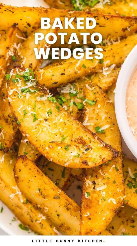 Oven Baked Potato Wedges are simply seasoned and baked in about a half hour. These wedges go perfectly with all of your favorite meals! Potato Wedge Recipes Baked, Wedges Potato Recipes Oven Baked, Homemade Potatoes Wedges, Baked Half Potatoes In The Oven, Homemade Wedges Oven Baked, Best Potato Wedges Oven Baked, Roasted Potatoes Wedges In Oven, Oven Potatoes Wedges, Baker Potatoes Oven Baked