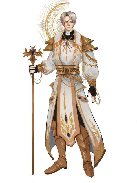 Fantasy cleric character design concept art Sun Cleric Dnd, Cleric Poses Reference, Fantasy Robes Concept Art, Cleric Of Lathander, Dnd Life Cleric, Cleric Clothing, Religious Character Design, D&d Cleric Art, Prophet Character Design