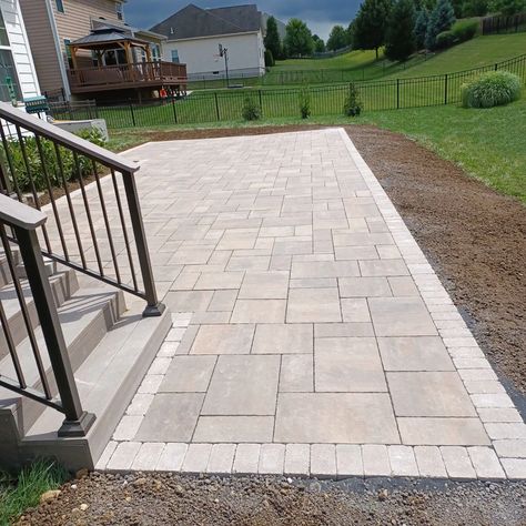 White Patio | Landscape Gallery Concrete Patio Landscaping, Walkway To Patio Backyards, Backyard Patio Extension Designs, Square Concrete Patio Ideas, Paver Patio Backyard, Paver Patio Next To Concrete, Pavement Backyard Ideas, Rectangular Paver Patio, Paver Porch Ideas