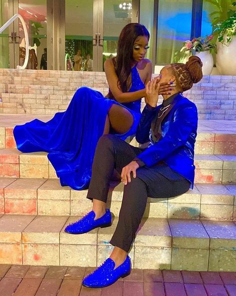 Blue Prom Ideas Black Couples, Royal Blue And White Prom Couple, Stud Prom Outfit Ideas, Stud Prom Suits, Studs In Suits For Prom, Studs Prom Outfits, Blue Homecoming Couple, Prom Color Ideas For Couples, Prom Colors For Couples Black