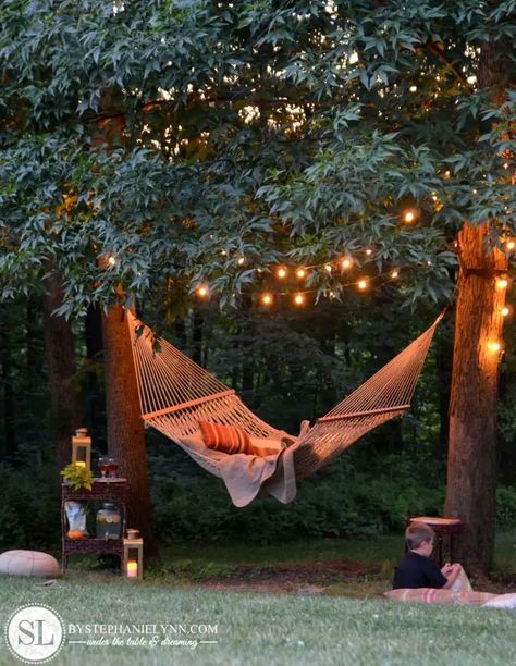 Backyard Hammock, Patio String Lights, Outdoor Hammock, Backyard Pergola, Garden Types, Backyard Lighting, Decks Backyard, Backyard Deck, Backyard Fire