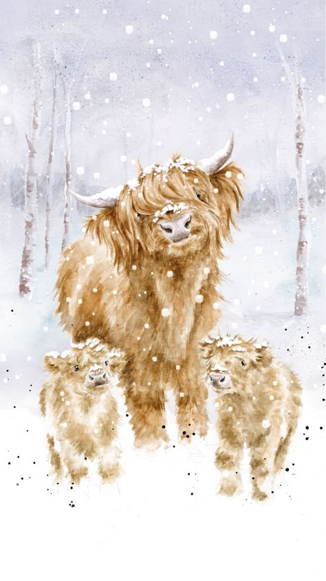 Wishes For Christmas, Foil Christmas Cards, Cow Wallpaper, Pinterest Icon, Highland Cow Art, Christmas Card Illustration, Charity Christmas Cards, Wrendale Designs