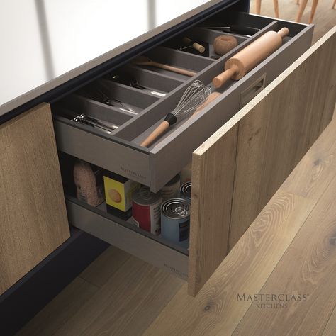 Deep drawers allow for hidden cutlery drawers to maintain design symmetry in your kitchen. Masterclass: H-LINE HAMPTON CAMEO INTERNAL DRAWERS OXFORD BLUE MAYFIELD OAK Ikea Kitchen Drawers, Kitchen Drawer Inserts, Clean Kitchen Design, Luxurious Kitchens, Kitchen Cupboard Storage, Cutlery Drawer, Making Furniture, Kitchen Drawing, Hidden Kitchen