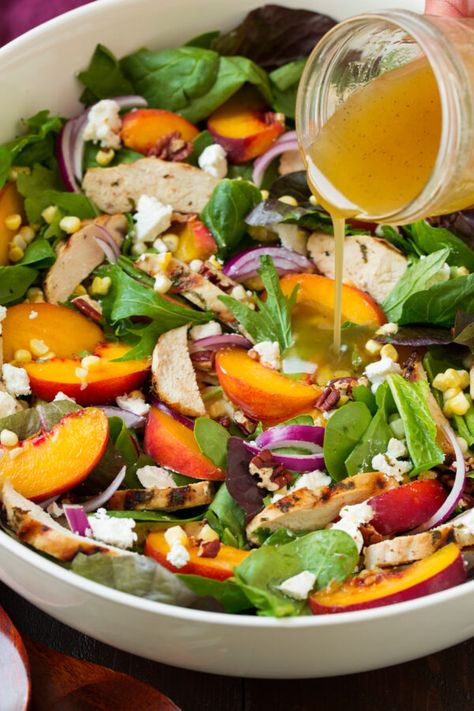 Peach Vinegar, Peach Salad Recipes, Vinegar Salad, Peach Chicken, Honey Vinaigrette, Vinegar Salad Dressing, White Balsamic, Peach Salad, Basil Chicken