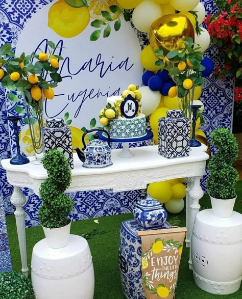 Blue And White Lemon Decor, Blue Tile Lemon Theme Party, Portuguese Party Decorations, Capri Lemon Decor, Capri Decoration, Clase Azul Theme Party, Italian Lemon Baby Shower Theme, Amalfi Bridal Shower Theme, Talavera Birthday Party