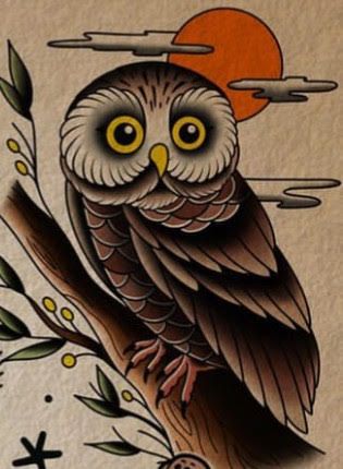 Trad Owl Tattoo, Traditional Owl Tattoo Design, Owl Traditional Tattoo, American Traditional Owl Tattoo, Old School Owl Tattoo, Traditional Owl Tattoo, Traditional Owl, Traditional Owl Tattoos, Barn Owl Tattoo