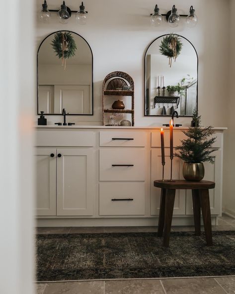 Christmas Bathroom White Bathroom Arch Mirrors Moody Bathroom Ashley Home, Cozy Christmas Decor, Christmas Bathroom, Bathroom Remodel Designs, Condo Living, Bathroom Inspiration Decor, Home Inspiration, Bathroom Renos, Keep Moving