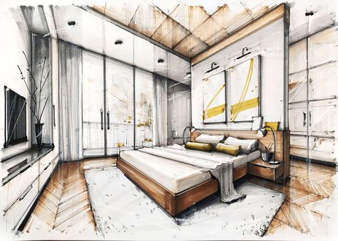 Architectural sketch/drawing | Bedroom Design | Interior | furniture | living space | drawing perspective | handrendering with markers | Template, art, design, industrial, interior, exterior, product, graphic. Fine Arts. Painting, drawing, sketching. Line art. Watercolor, pastels, acrylic. Colorful, fun, inspiring, ideas. Interior Architecture Sketch, Interior Design Sketchbook, Rendering Interior, Perspective Sketch, Furniture Design Sketches, Interior Design Renderings, Drawing Interior, Interior Architecture Drawing, Loft Interior