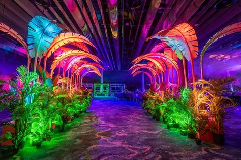 Electric Jungle Party, Jungle Nightclub, Futuristic Jungle, Neon Jungle Theme, Neon Jungle Wedding, Neon Jungle Aesthetic, Havana Nights Party Theme, Havana Nights Theme, Havana Nights Party