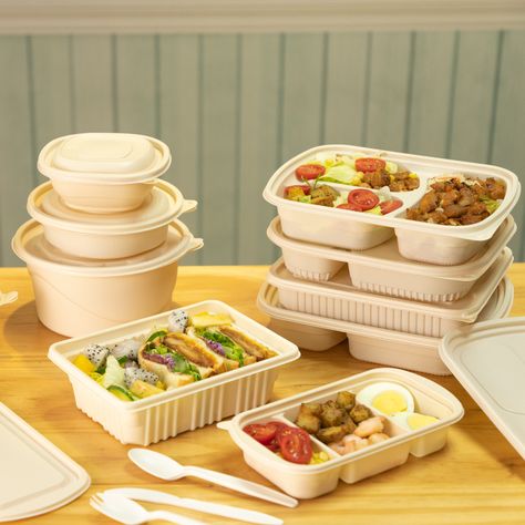 environmentally friendly disposable food containers,biodegradable take away compartment bento food box Food Container Packaging Design, Bento Boxes Containers, Gerobak Dorong, Bento Food, Sandwich Container, Clean Meal Prep, Disposable Food Containers, Salad Box, Cloud Kitchen