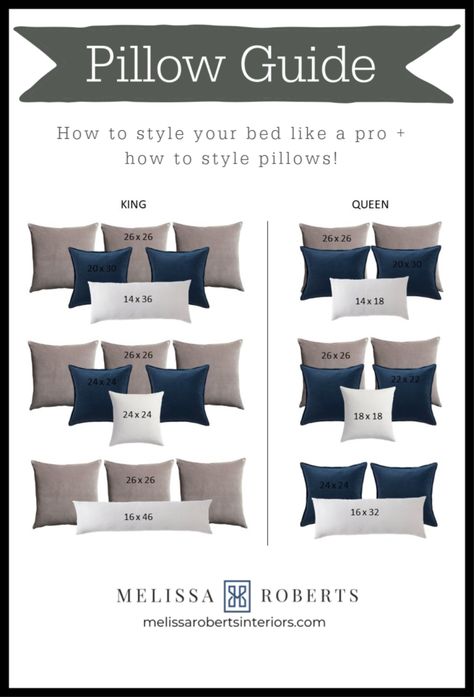 How to Style Your Bed Like a Pro - Melissa Roberts Interior | Design & Home Decor Blog Throw Pillow Sizes Chart, Guest Bedroom Throw Pillows, Pillow Guide, Bedroom Pillows Arrangement, Bed Pillow Arrangement, Pillow Measurements, Bedding Master, Pillow Sizes Chart, Pillow Combinations