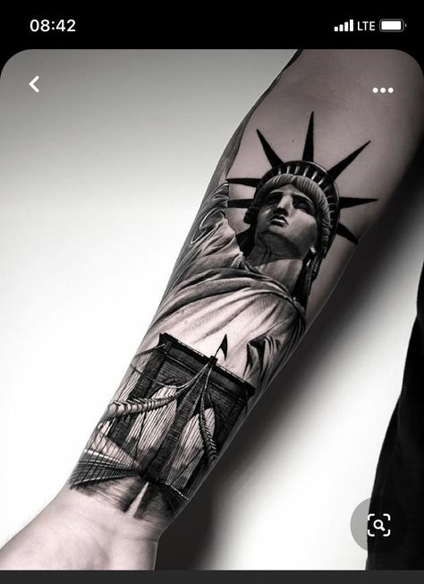 New York Leg Sleeve Tattoo, New York Tattoo Ideas For Men, Liberty Statue Tattoo, Ny Tattoo Ideas New York, Brooklyn Tattoo Ideas, Statue Of Liberty Tattoo Design, Thief Tattoo, Anatomical Artwork, Nyc Tattoo Ideas