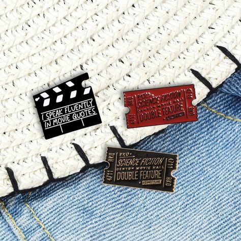 Video Logo, Enamel Pin Display, Movie Ticket, Movie Pins, Pendant Ideas, Lapel Brooch, Enamel Pin Collection, Merch Ideas, Jacket Pins