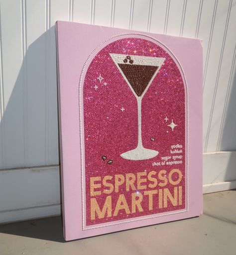 Espresso martini 🍸 kit is available on my website!!!💗⭐️🫶 THIS IS ALSO A 1/1 PRE DONE PIECE AVAILABLE FOR PURCHASE Espresso Martini Painting, Bedazzled Painting, Bedazzled Canvas, Rhinestone Art Diy, Rhinestone Projects, Rhinestone Crafts, Diamond Picture, Cute Canvas Paintings, Diy Rhinestone