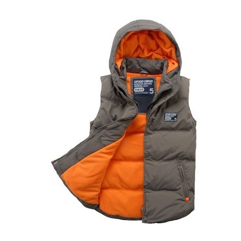 Superdry Hooded Camping Gilet found on Polyvore Camping Vest, Heated Jacket, Mens Hooded, Body Warmer, Mens Gloves, Mens Vest, Canada Goose Jackets, Winter Jackets, Leather Jacket