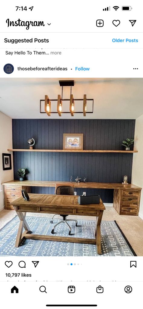 Beadboard Office, Pastor Office, Blue Home Offices, Small Office Design Interior, Small Office Design, Backdrop Wall, Small Home Offices, Office Guest Room, Perfect Desk