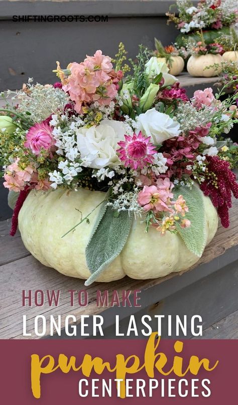 White pumpkin centrepiece filled with white and pink fall cut flowers--stock, lisianthus, statice, and amaranth. Pumpkin Flower Arrangement, Flower Arrangements In Pumpkins, Flowers In Pumpkins, Flowers In A Pumpkin, Diy Pumpkin Flower Arrangement, How To Make A Pumpkin Floral Arrangement, White Pumpkin Flower Arrangements, Pumpkin Flower Arrangements, Flowers In Pumpkins Floral Arrangements