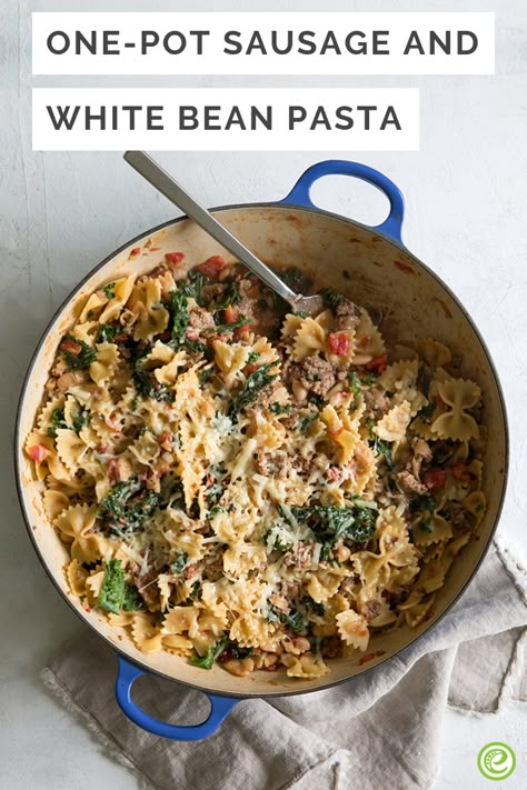 One-Pot Sausage and White Bean Pasta | eMeals.com Sausage White Bean Pasta, White Beans And Pasta, White Bean Pasta Recipe, Sausage Cannellini Beans Spinach, White Beans And Sausage Recipe, Sausage And White Beans, Pasta White Sauce, White Bean Sausage, White Bean Pasta