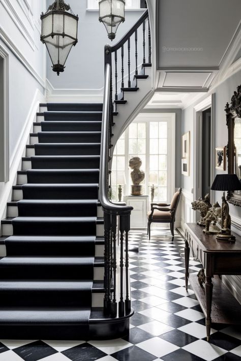 Interior Inspiration - Melanie Jade Design Black And White Hallway, Victorian Staircase, Black Staircase, Hall Tiles, Staircase Decor Ideas, White Hallway, Victorian Hallway, White Staircase, Black Stairs