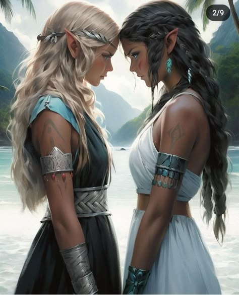 Female Twins Art, Dnd Twins, Dnd Noble, Fantasy Moodboard, Elf Couple, Elves Fantasy, Female Elf, Girl Elf, Cartoon Outfits