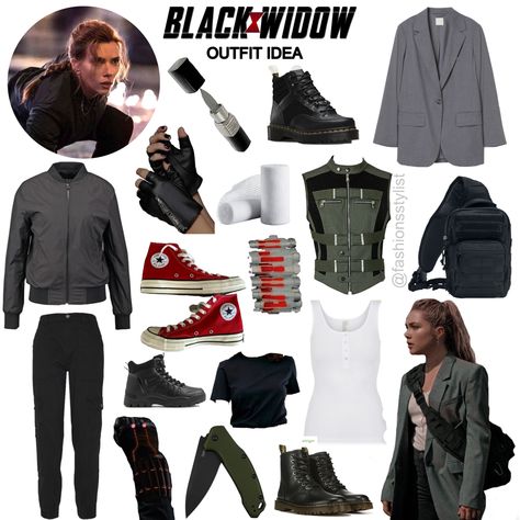 Avengers Outfits Women, Diy Black Widow Costume For Women, Natasha Romanoff Aesthetic Outfit, Yelena Belova Outfit Inspired, Natasha Romanoff Outfit Ideas, Black Widow Inspired Outfits, Black Widow Outfit Ideas, Avengers Inspired Outfits, Natasha Romanoff Outfit