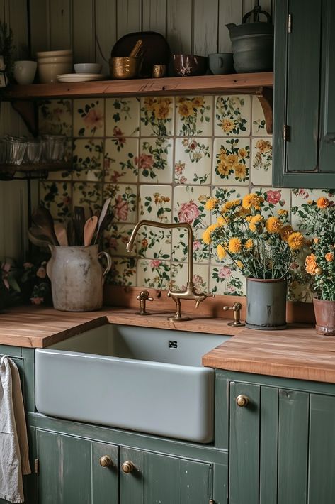 Cottage Core Kitchen, Cottage Core Home, Cozy Cottage Kitchen, Cottagecore Kitchen, Cottage Kitchens, Cozy Kitchen, Dream House Interior, Cottage Kitchen, Green Kitchen