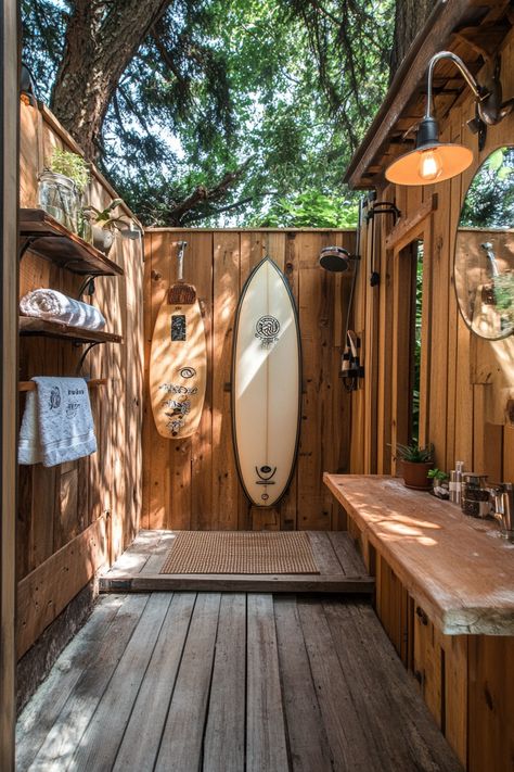 55 Beach-Inspired Outdoor Shower Ideas - TastyInteriors Beach Lodge Decor, Outdoor Shower Cabin, Outdoor Beach Bathroom, Shack House Ideas, Cheap Outdoor Shower Ideas, Summer Shower Ideas, Beach Shower Aesthetic, Beach House Outdoor Shower Ideas, Beach Backyard Ideas