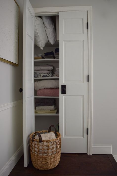 Hallway Linen Closet Door Ideas, Closet With Small Door, Closet With Two Doors, Closet Door In Bathroom, Closet Doors Bathroom, Linen Closet In Small Bathroom, Linen Closet In Hallway, Linen Closet Glass Doors, Doors For Linen Closet