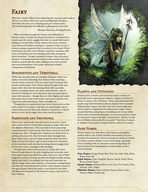 Balancing Homebrew Ttrpg Character Ideas, Dnd Fairy Race, Dnd Homebrew Races, Dnd Fairy Character, Dnd Species, Dnd Fairy, Homebrew Races, Magical Creatures Mythology, Warlock Spells