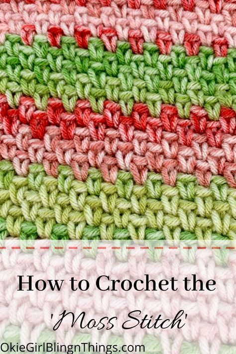 I love how simple the Moss stitch is! It’s made up of 2 stitches, the chain stitch and single crochet. That’s all! It’s a great stitch that gives a completely different look than just regular single crochet, but is easy enough that even beginners could easily grasp this stitch. . #mossstitch #crochetstitches #crochettutorial #howtocrochetthemossstitch Crochet Blanket Moss Stitch, C2c Moss Stitch Crochet Pattern Free, Moss Stiches Crochet, Crochet Moss Stitch Blanket, Crochet Moss, Moss Stitch Pattern, Knit Bags, Knitting Patterns Free Blanket, Crochet For Beginners Blanket