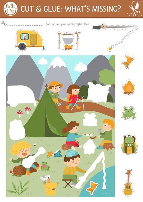 Vector camping cut and glue activity. Summer camp educational crafting game with cute scene with kids in the forest. Fun printable worksheet for children. What is missing page. Complete the picture Camping Theme Kindergarten, Summer Camp Printables, Camping Preschool, Summer Worksheets, Cut And Glue, Camping Adventure, Camping Theme, Kids Ideas, Preschool Worksheets