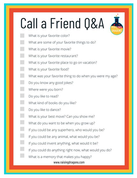 This simple list of questions is a fun way for kids to engage with their friends and family on calls and video chats! Great conversation starters! Qna Questions, Deep Questions To Ask Friends, Friend Quiz Questions, Raising Dragons, Questions To Ask Someone, Weird Questions To Ask, Best Friend Quiz Questions, Questions To Ask Friends, Bff Quiz